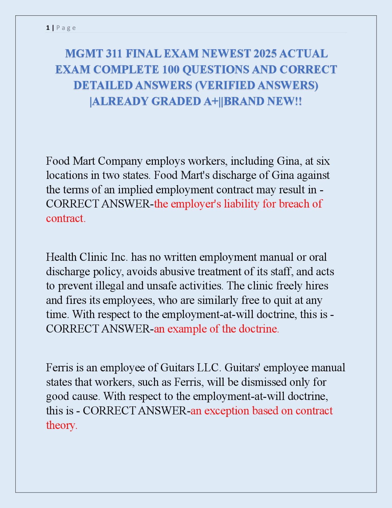 MGMT 311 FINAL EXAM NEWEST 2025 ACTUAL EXAM COMPLETE 100 QUESTIONS AND ...