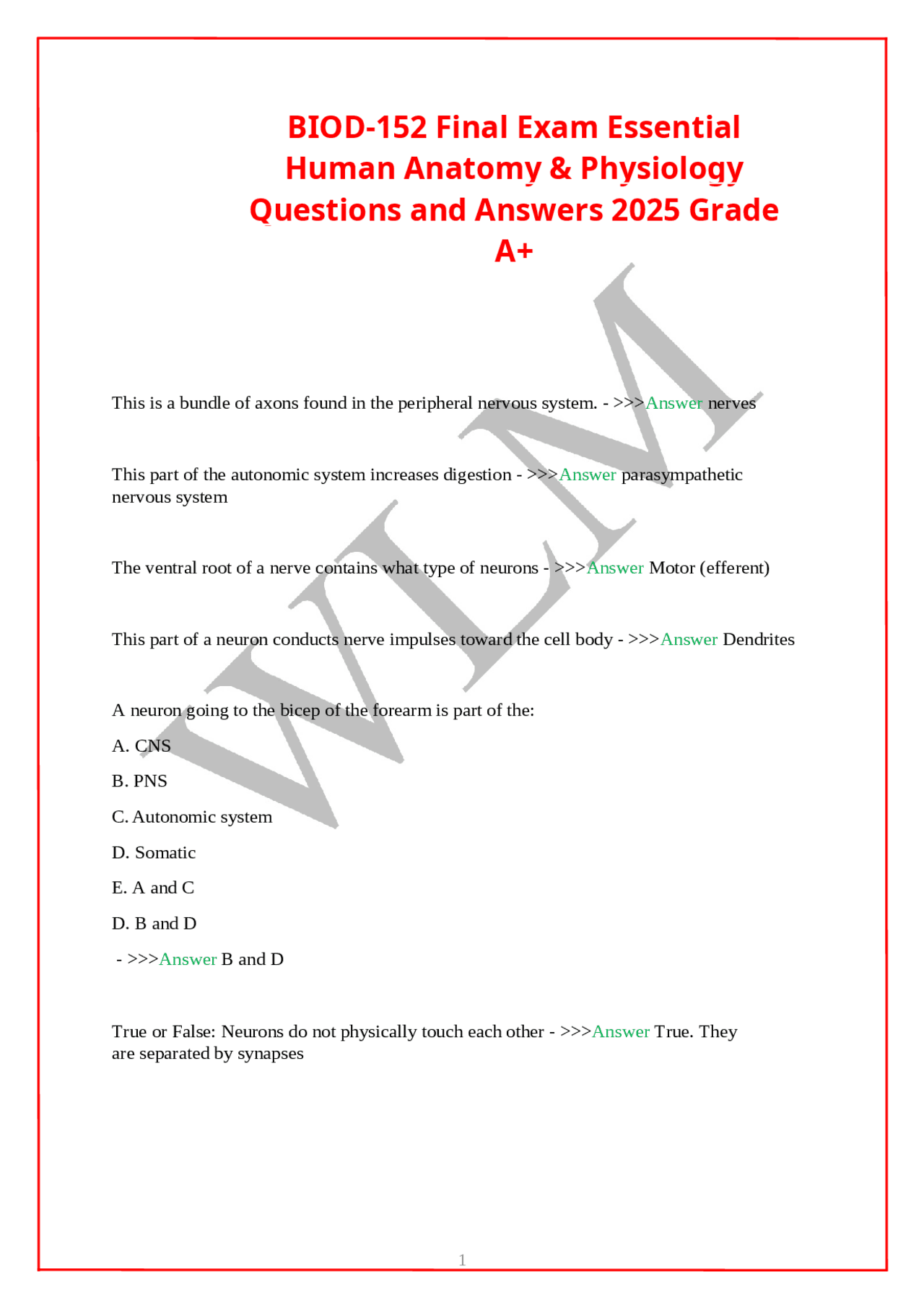 BIOD-152 Final Exam Essential Human Anatomy & Physiology Questions and ...