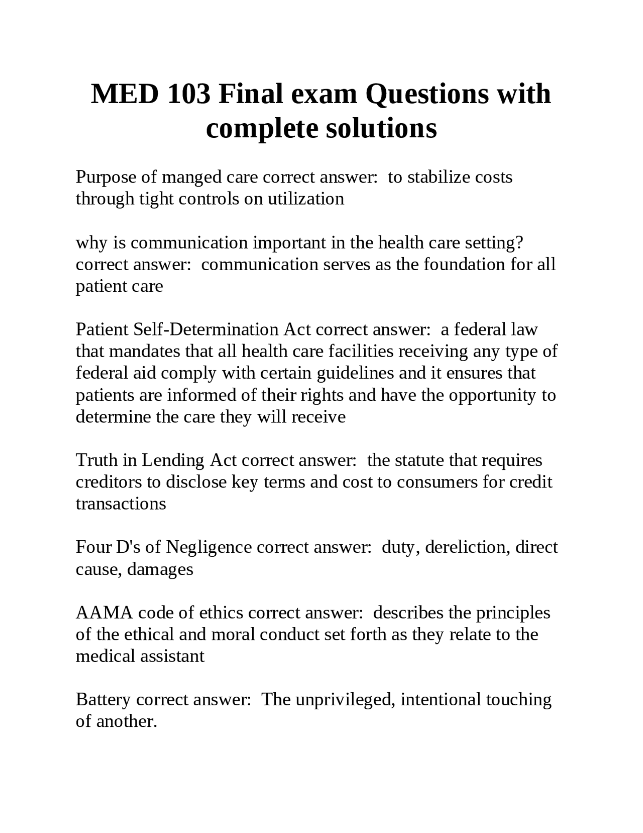 MED 103 Final Exam Questions and Answers: Medical Ethics, Law, and ...