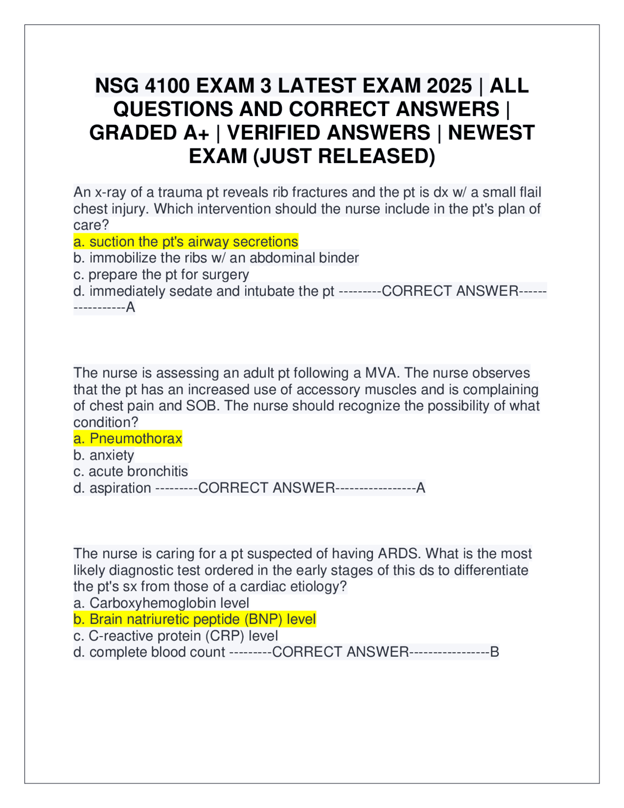 NSG 4100 EXAM 3 LATEST EXAM 2025 | ALL QUESTIONS AND CORRECT ANSWERS ...