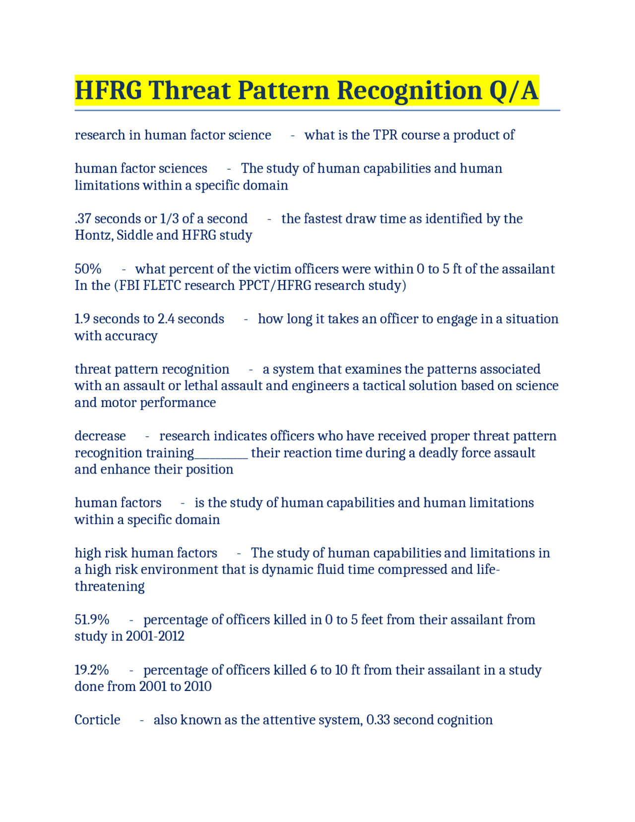 HFRG Threat Pattern Recognition Q/A | Exams Nursing | Docsity