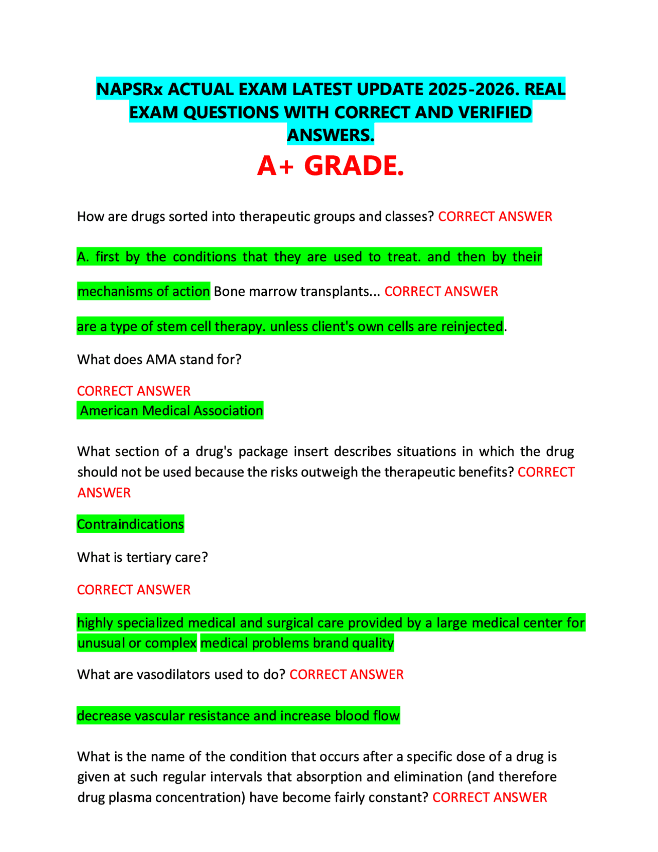 Napsrx NAPSRx ACTUAL EXAM LATEST UPDATE 2025-2026. REAL EXAM QUESTIONS WITH ...