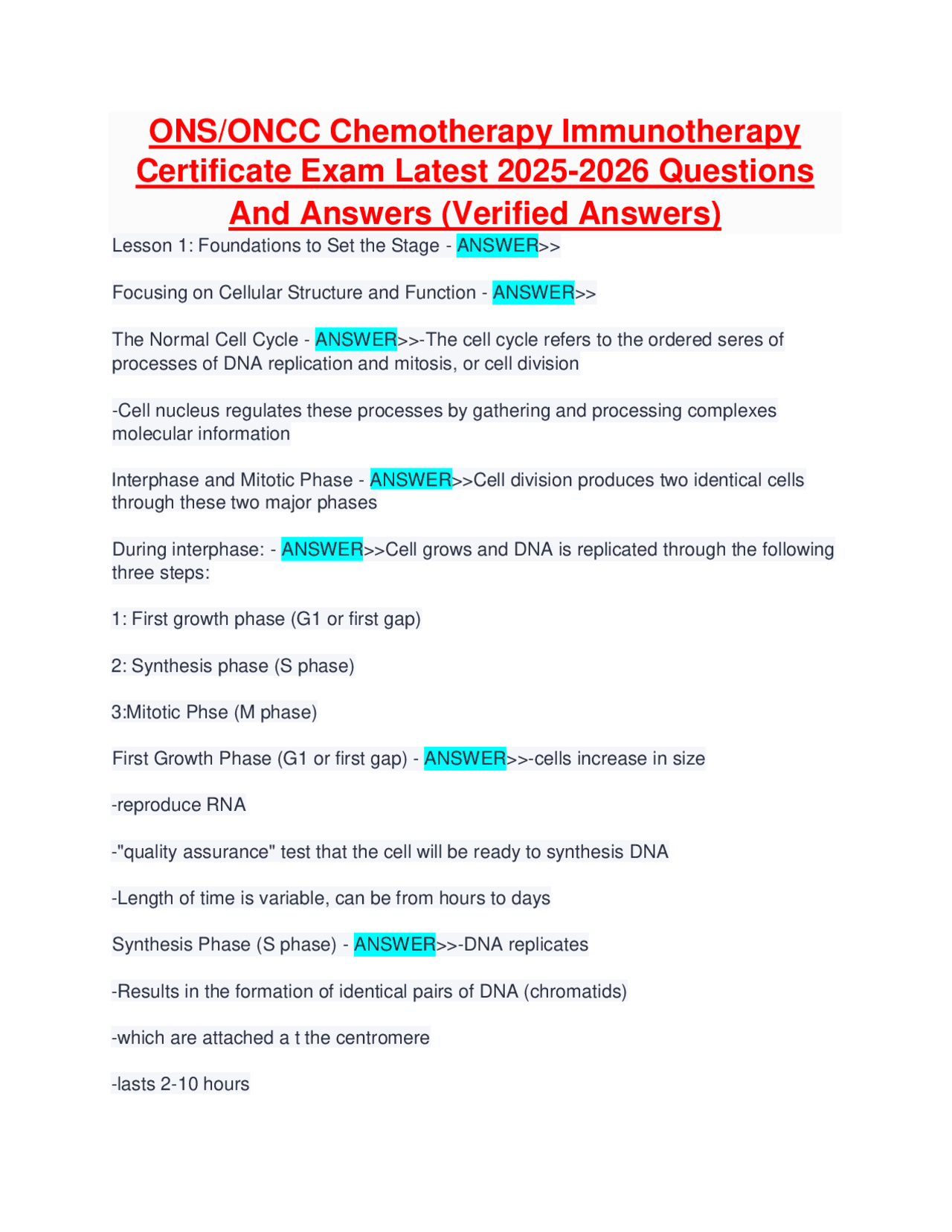 ONS,ONCC Chemotherapy Immunotherapy Certificate Exam Latest 2025-2026 ...