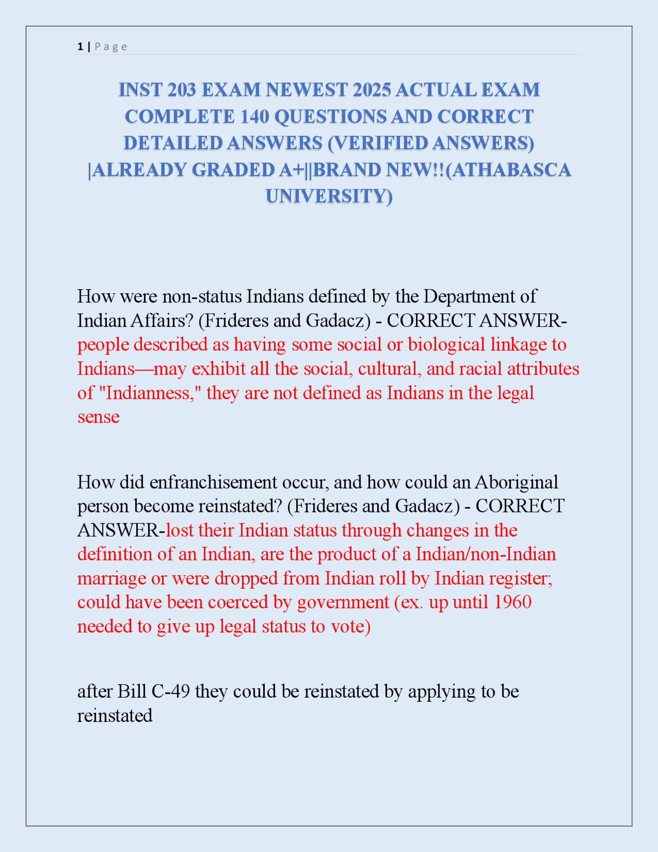 INST 203 Exam: Indigenous Peoples in Canada - Questions and Answers ...