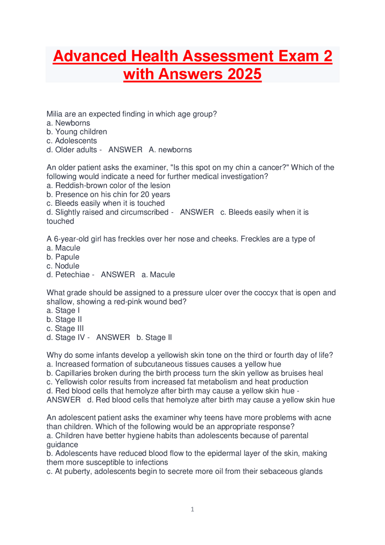 Advanced Health Assessment Exam 2 with Answers 2025 | Exams Nursing ...