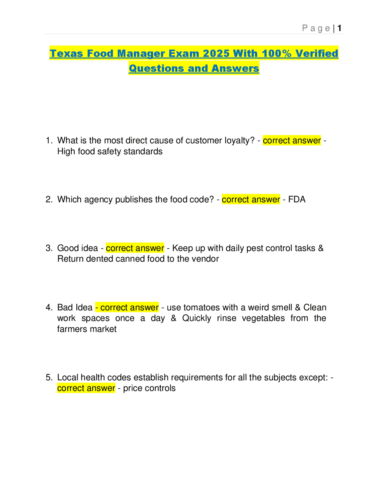 Texas Food Manager Exam 2025: 100% Verified Questions and Answers ...
