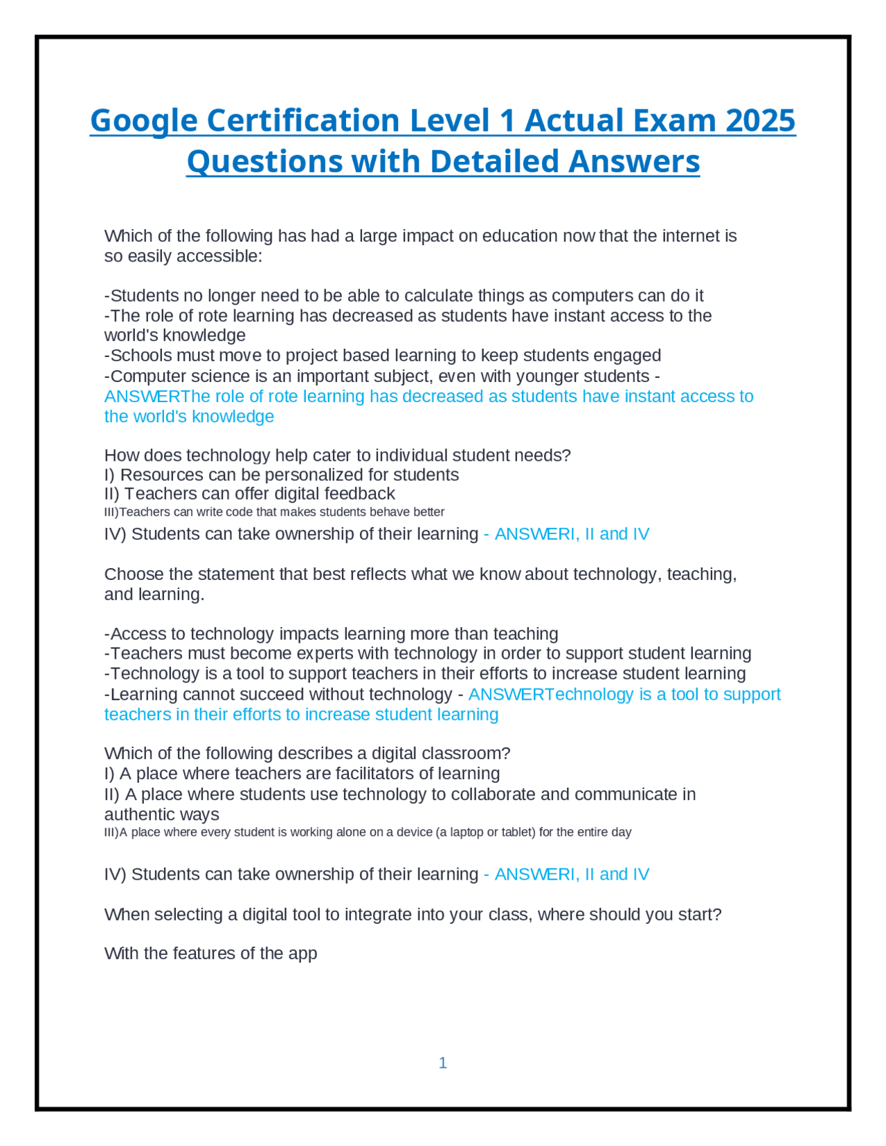 Google Certification Level 1 Actual Exam 2025 Questions with Detailed ...