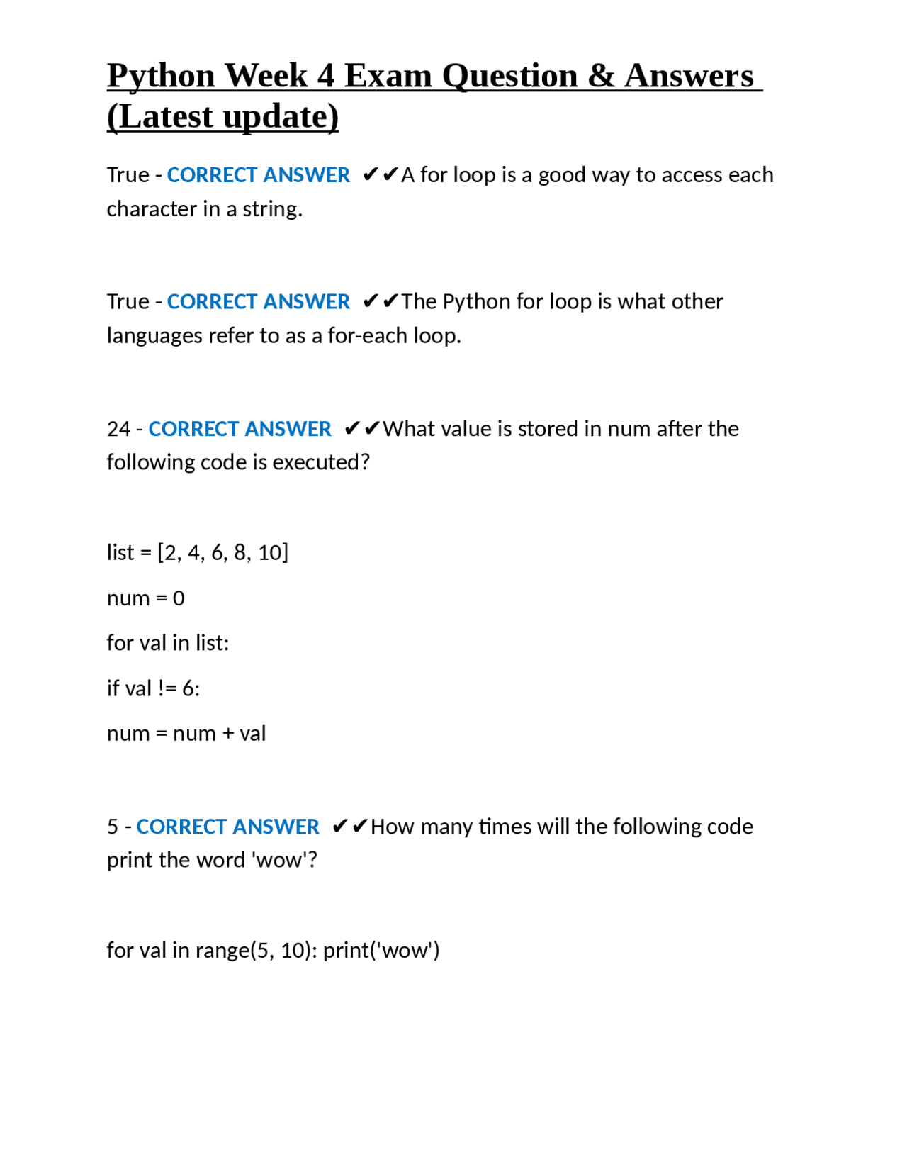 Python Week 4 Exam Question & Answers (Latest update) | Exams Nursing ...
