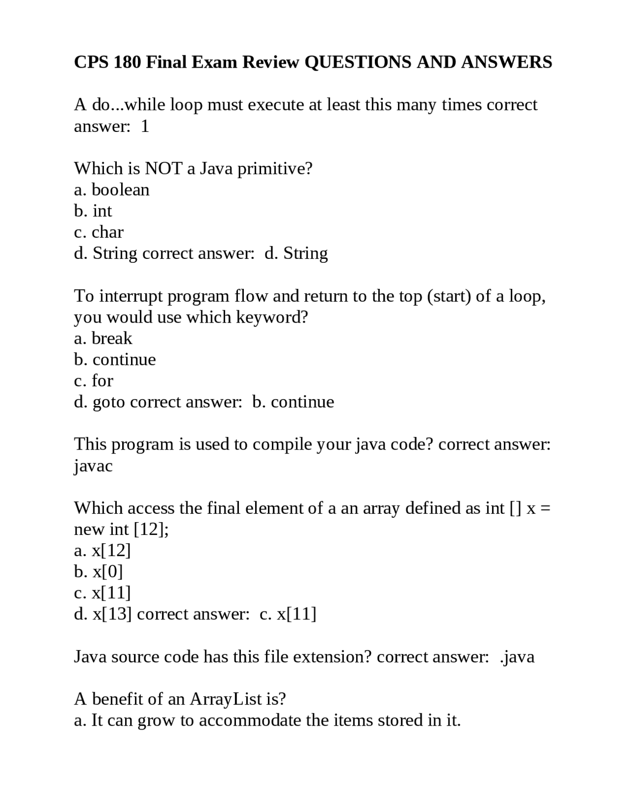 CPS 180 Final Exam Review: Java Programming Concepts | Exams Nursing ...