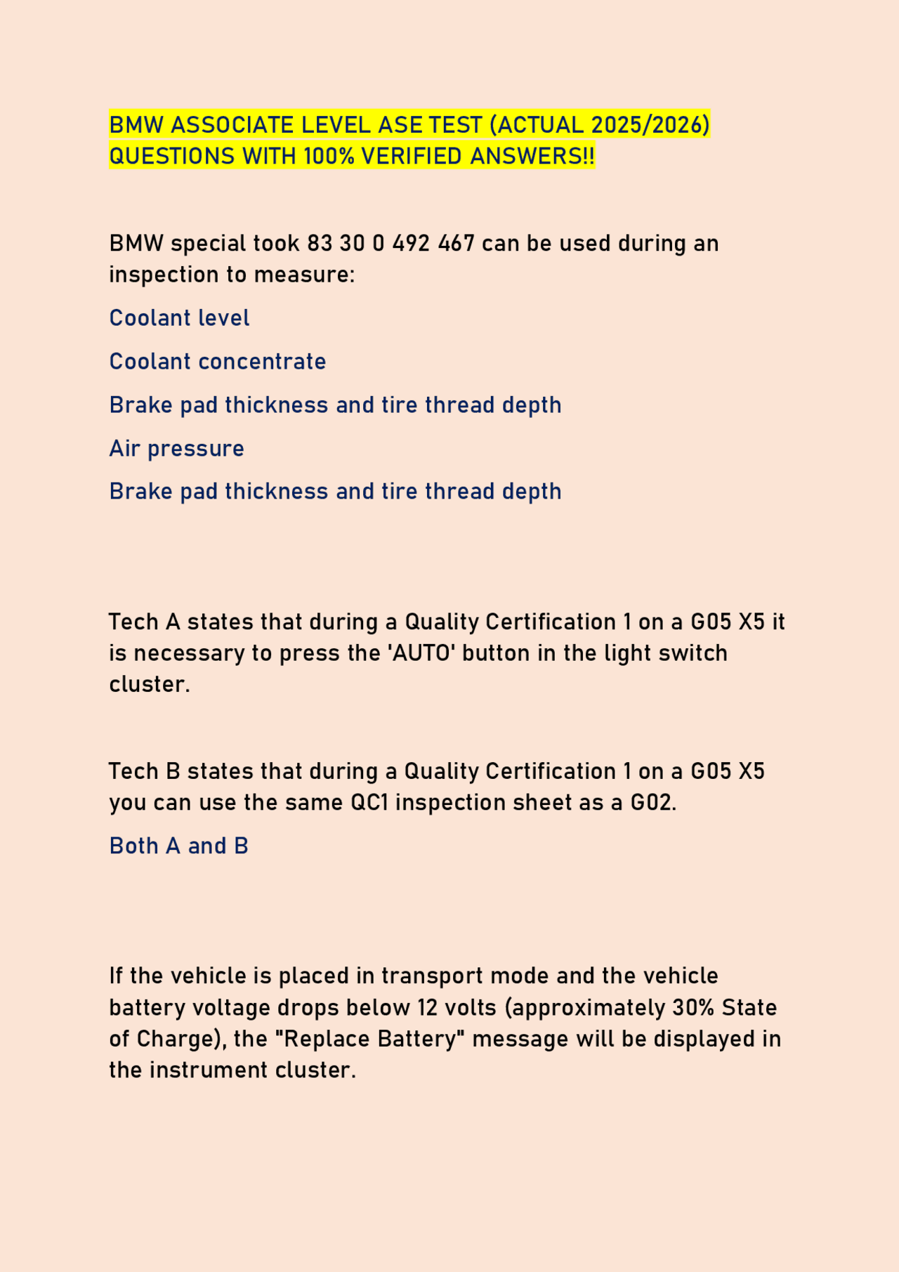 BMW ASSOCIATE LEVEL ASE TEST (ACTUAL 2025/2026) QUESTIONS WITH 100% ...