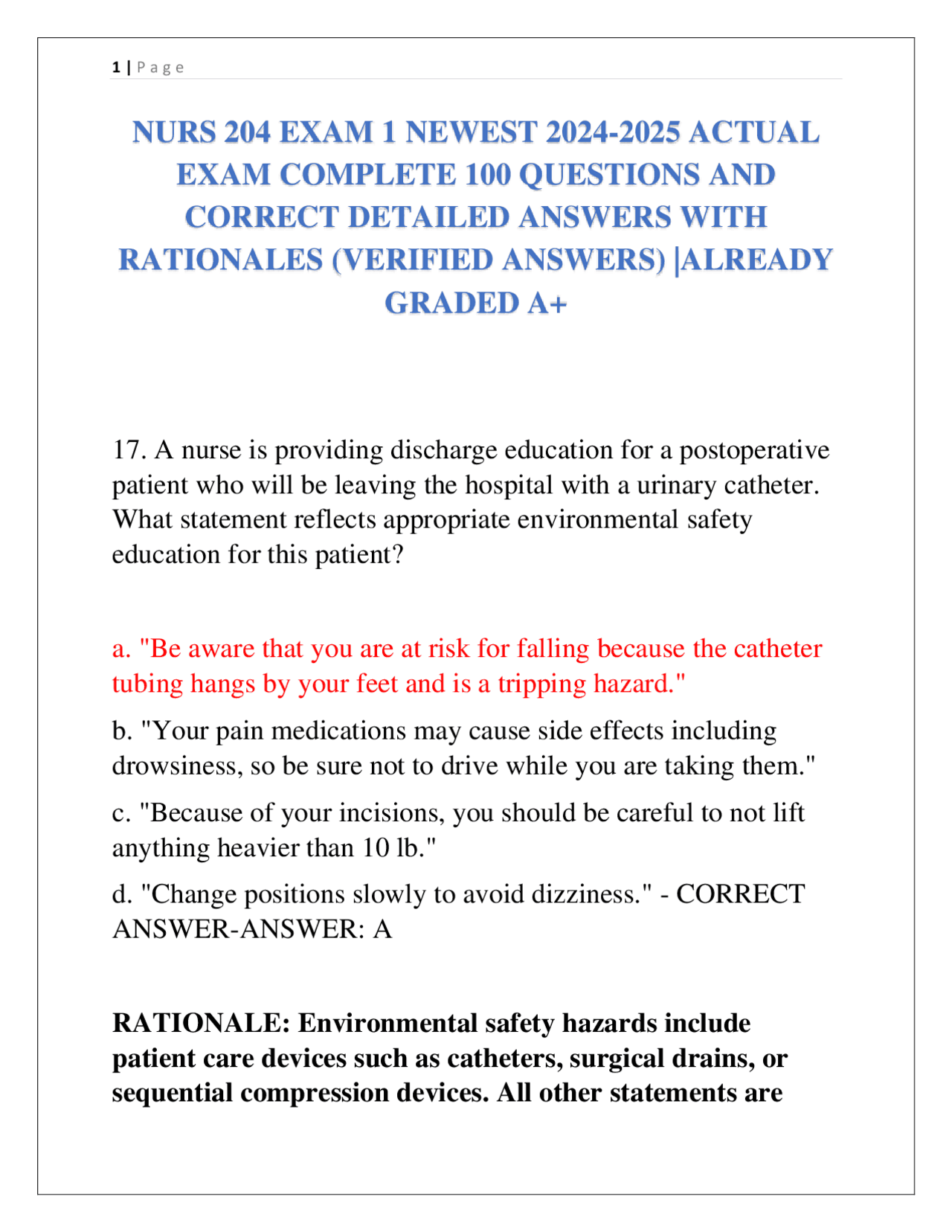 NURS 204 EXAM 1 NEWEST 2024-2025 ACTUAL EXAM COMPLETE 100 QUESTIONS AND ...