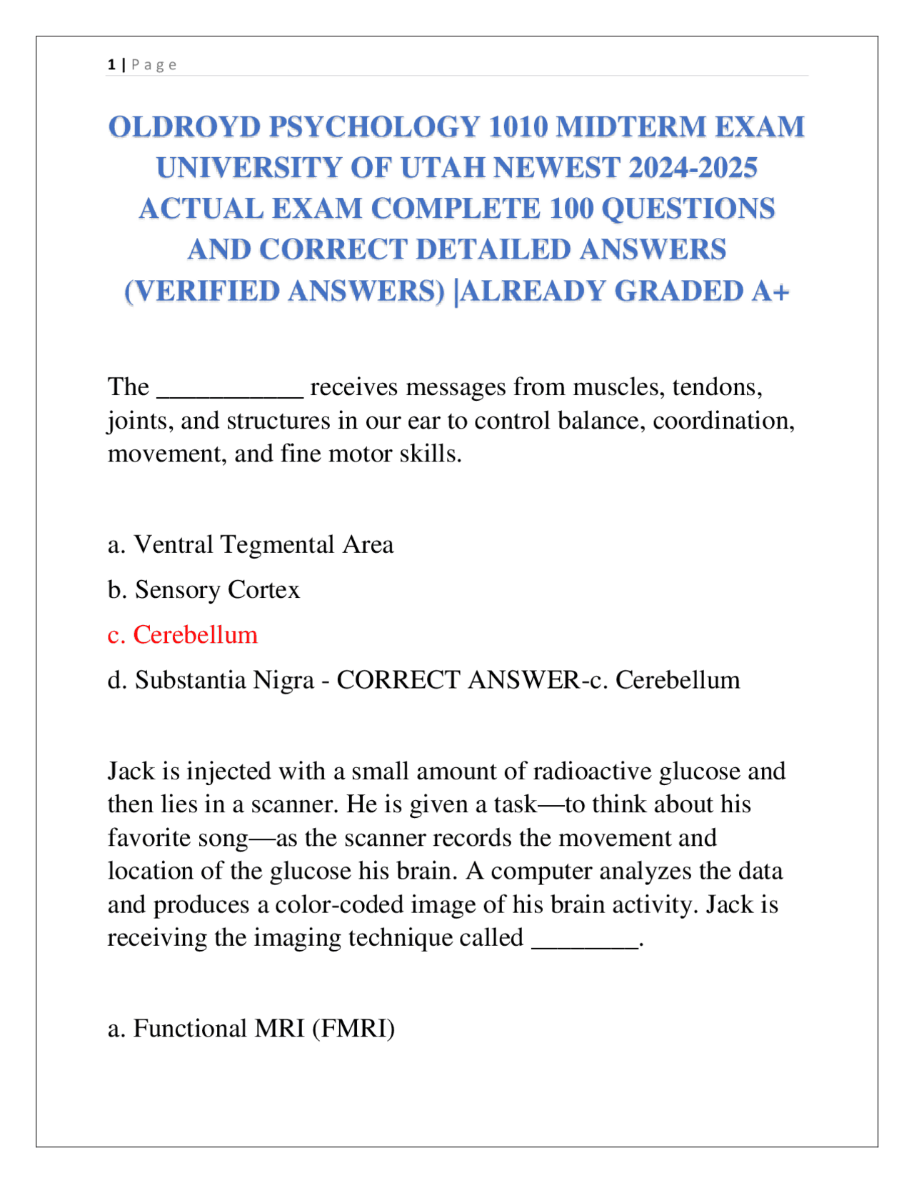OLDROYD PSYCHOLOGY 1010 MIDTERM EXAM UNIVERSITY OF UTAH NEWEST 2024 ...