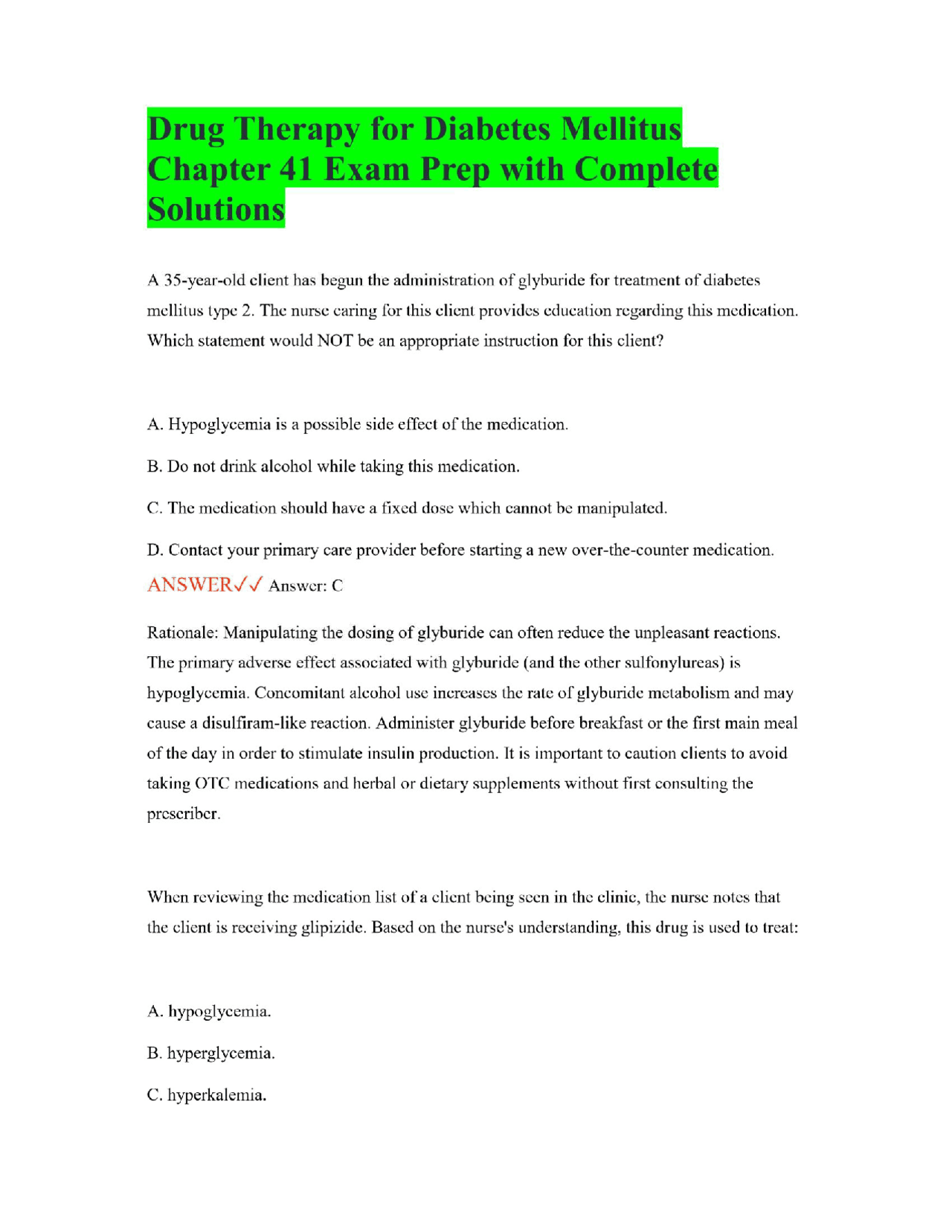 Drug Therapy for Diabetes Mellitus Chapter 41 Exam Prep with Complete Drug Therapy for Diabetes Mellitus Chapter 41 Exam Prep with Complete
