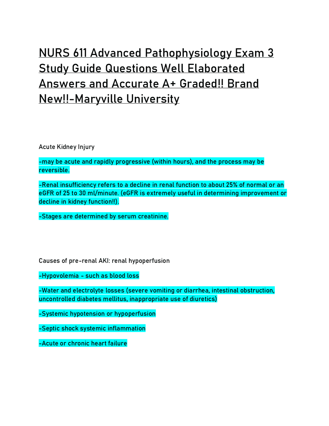 NURS 611 Advanced Pathophysiology Exam 3 Study Guide Questions Well ...
