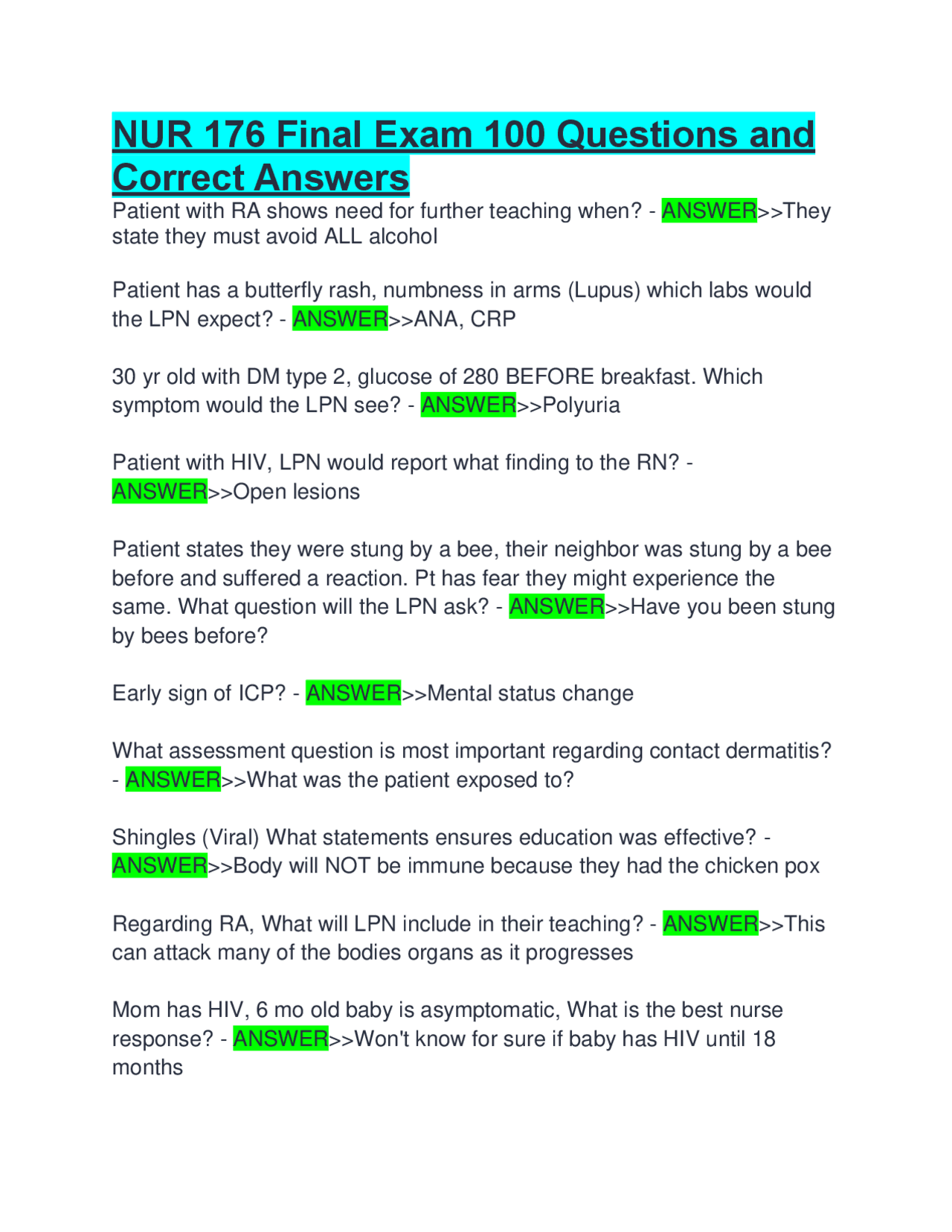 NUR 176 Final Exam 100 Questions and Correct Answers | Exams Nursing ...