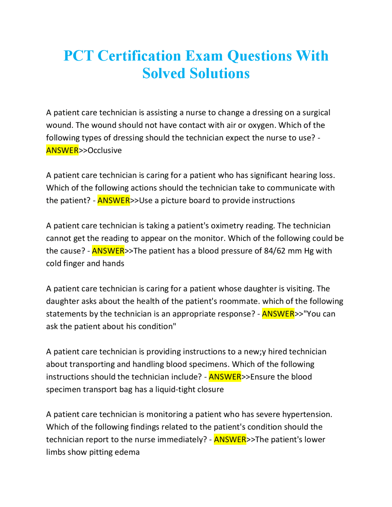 Pct Chapter 2 PCT Certification Exam Questions With Solved Solutions | Exams Nursing ...