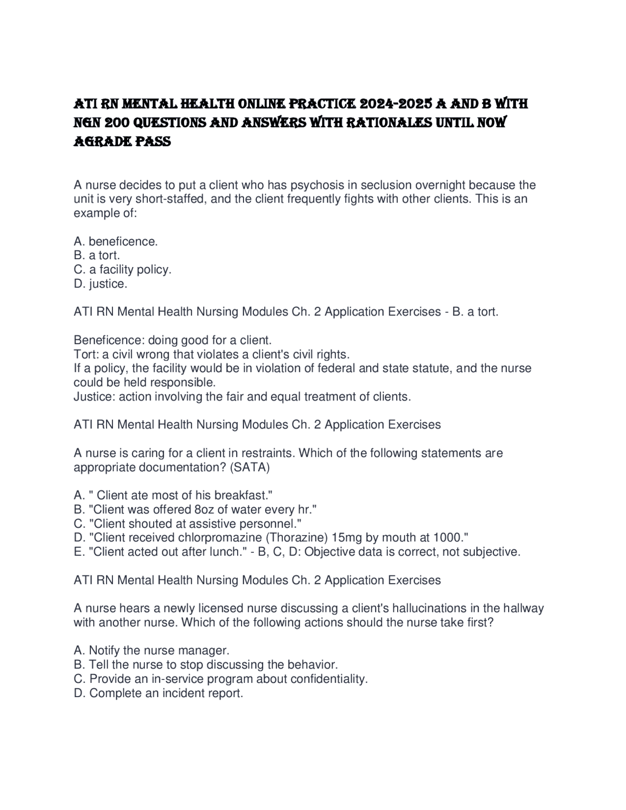 ATI RN MENTAL HEALTH ONLINE PRACTICE 2024-2025 A AND B WITH NGN 200 ...