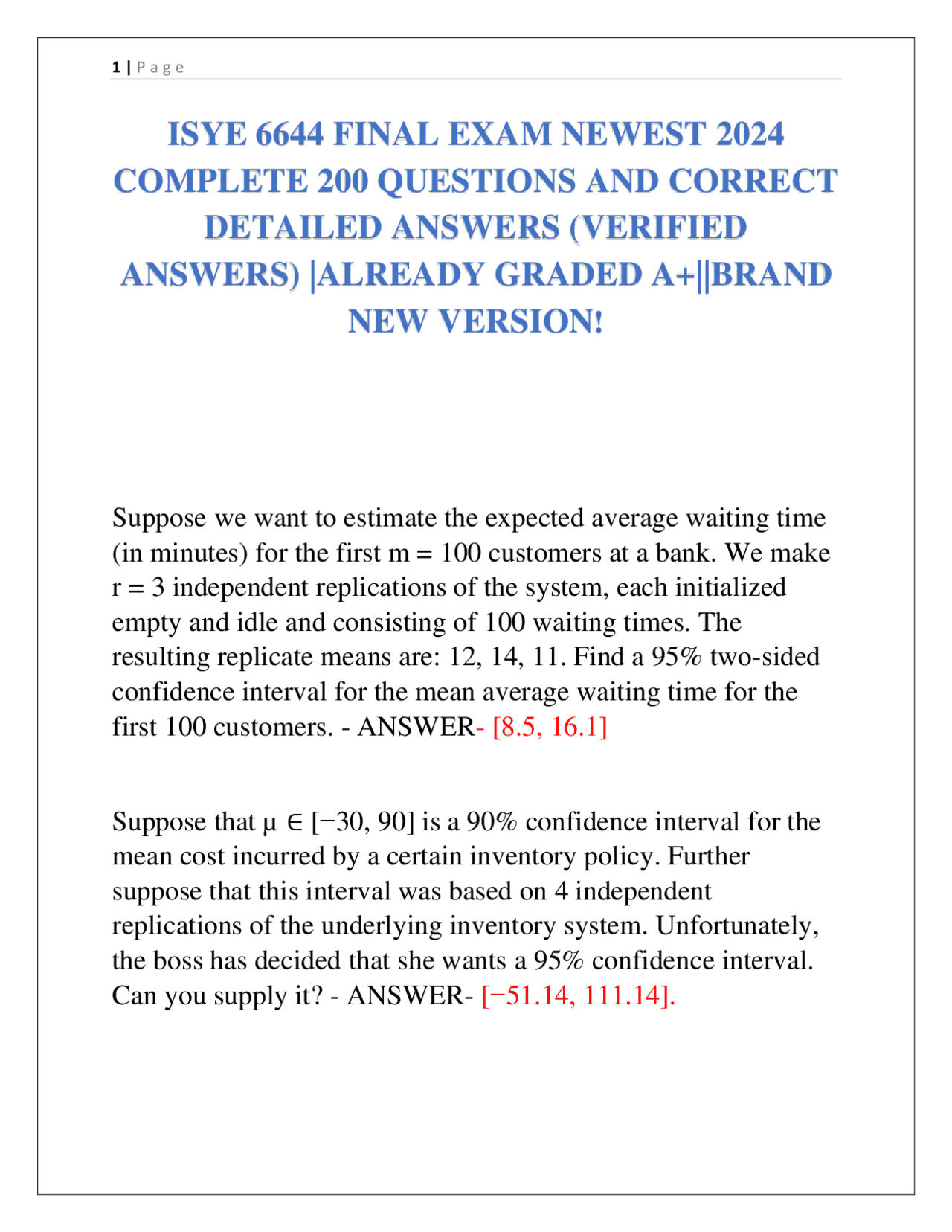 ISYE 6644 FINAL EXAM NEWEST 2024 COMPLETE 200 QUESTIONS AND CORRECT DETAILED ANSWERS (VE | Exams ...