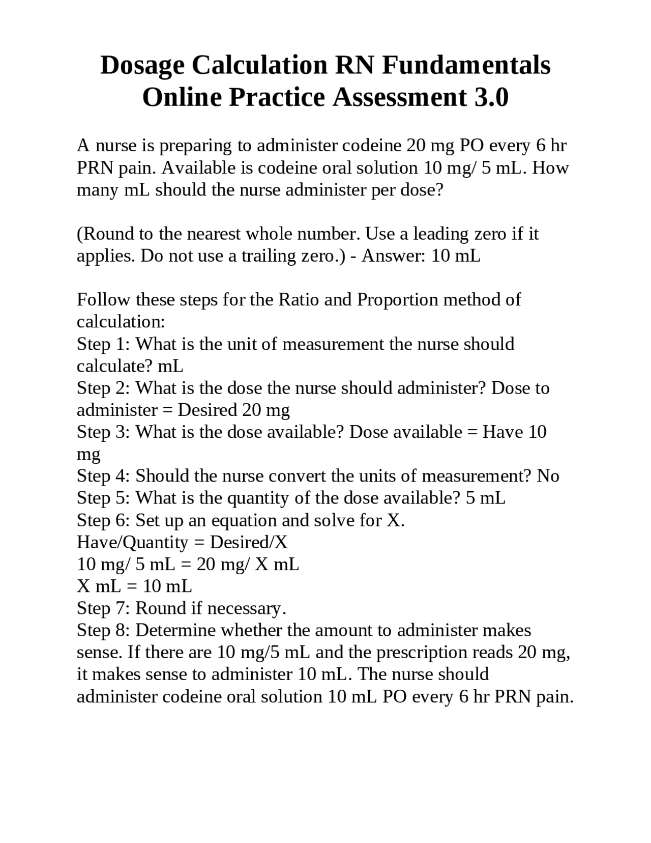 Dosage Calculation RN Fundamentals Online Practice Assessment 3.0 ...