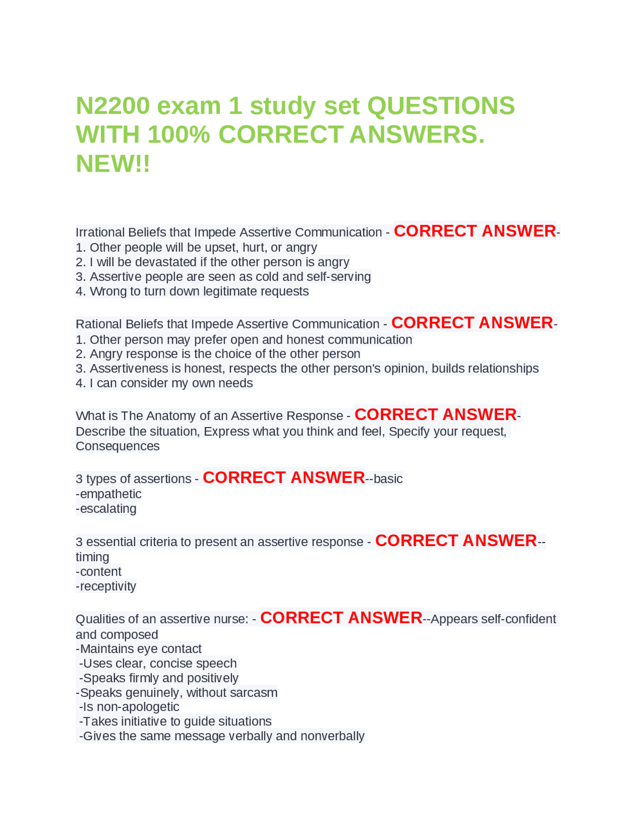 Nursing Exam 1 Study Set: Questions and Answers | Exams Nursing | Docsity
