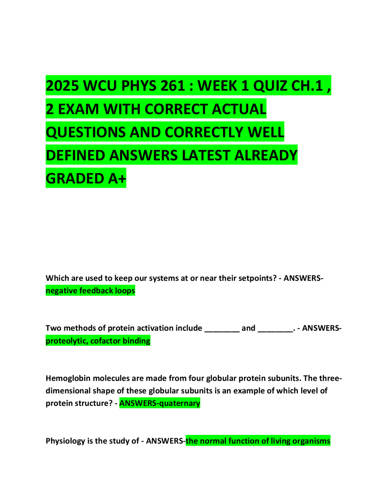 2025 WCU PHYS 261 : WEEK 1 QUIZ CH.1 , 2 EXAM WITH CORRECT ACTUAL ...