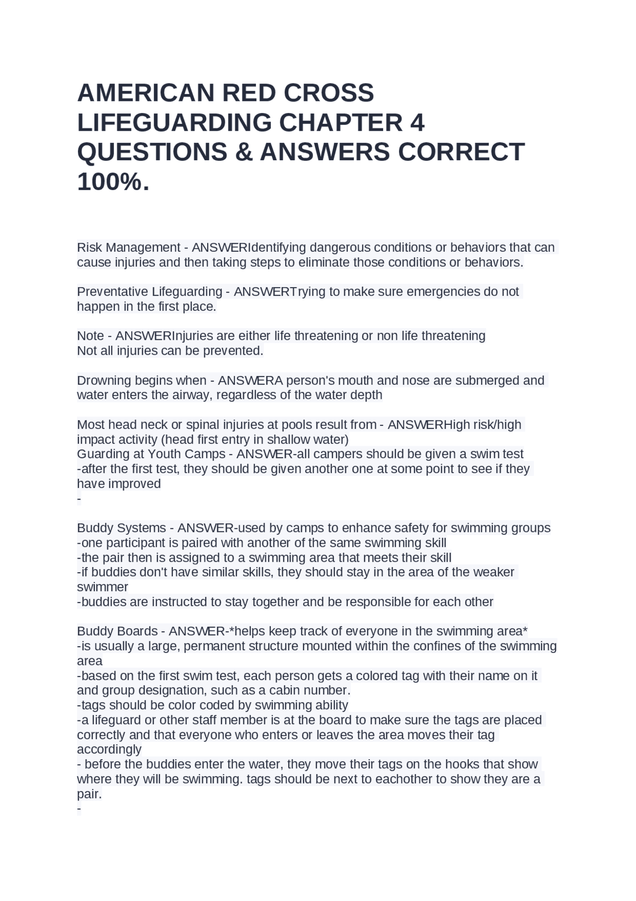 AMERICAN RED CROSS LIFEGUARDING CHAPTER 4 QUESTIONS & ANSWERS CORRECT ...
