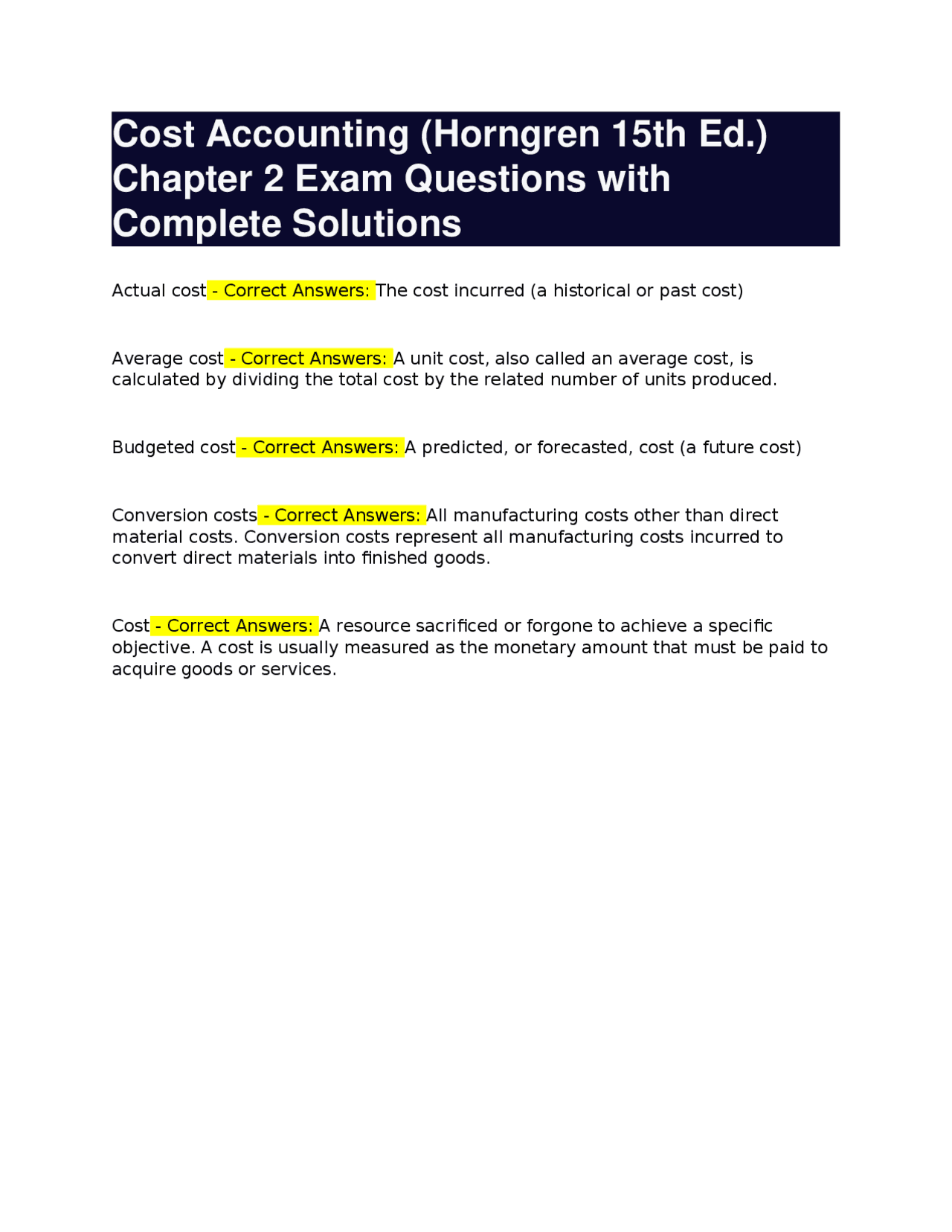 Cost Accounting Exam Questions and Solutions: Chapter 2 (Horngren 15th ...