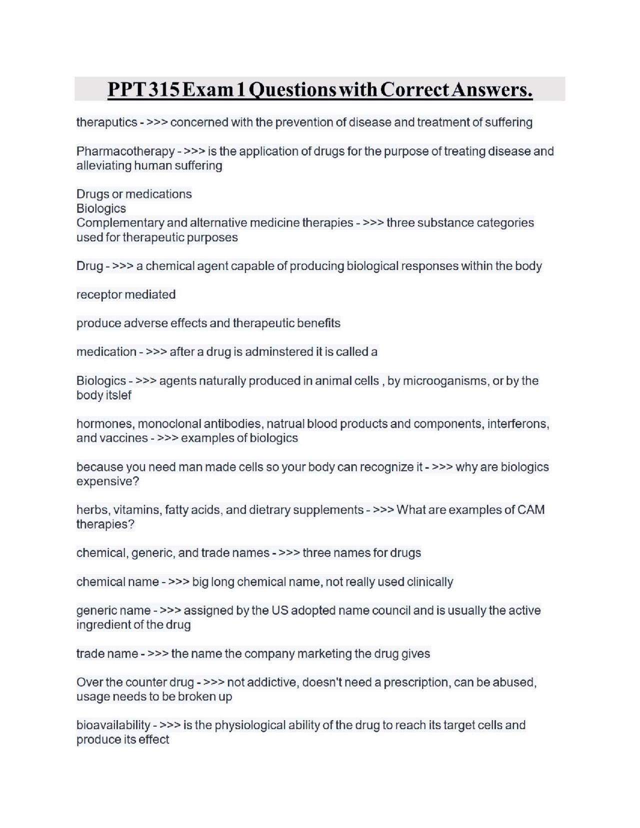 PPT 315 Exam 1 Questions with Correct Answers. | Exercises Nursing ...