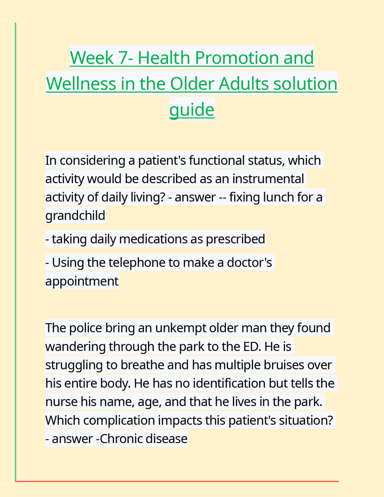 Week 7- Health Promotion and Wellness in the Older Adults solution ...