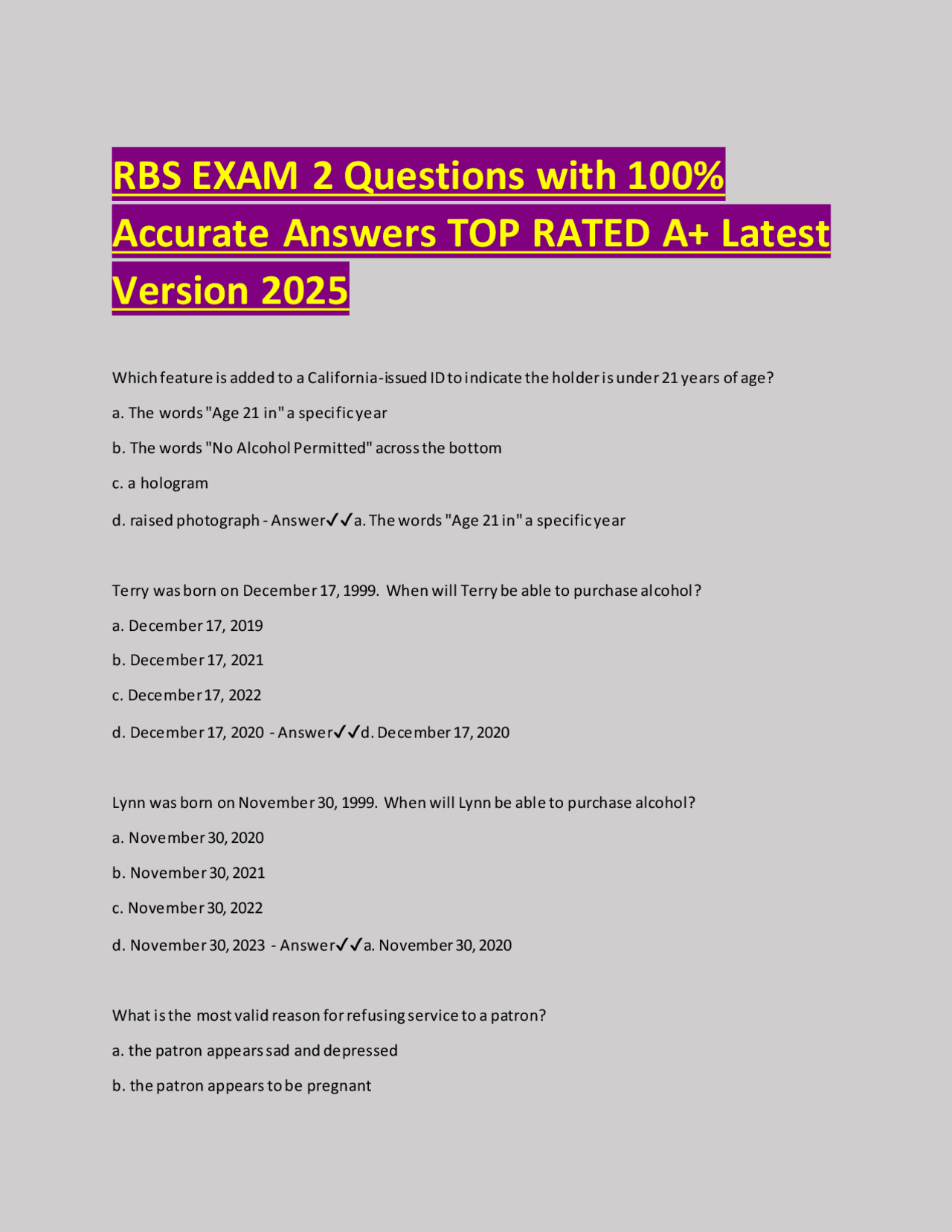 RBS Exam 2 Questions and Answers: California Alcohol Server Certification | Exams Nursing | Docsity