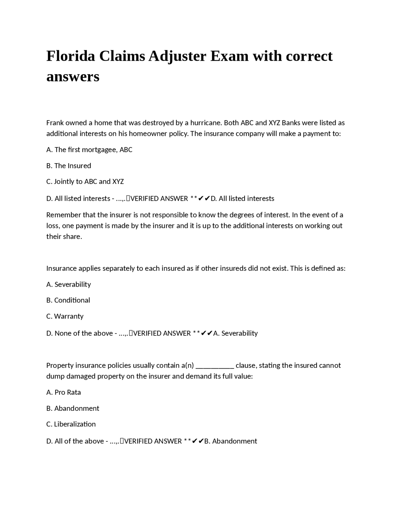 Florida Claims Adjuster Exam With Correct Answers Exams Insurance