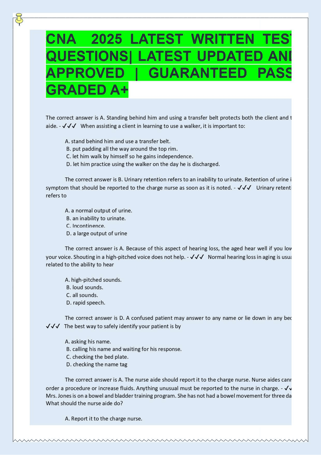 CNA 2025 LATEST WRITTEN TEST QUESTIONS| LATEST UPDATED AND APPROVED ...
