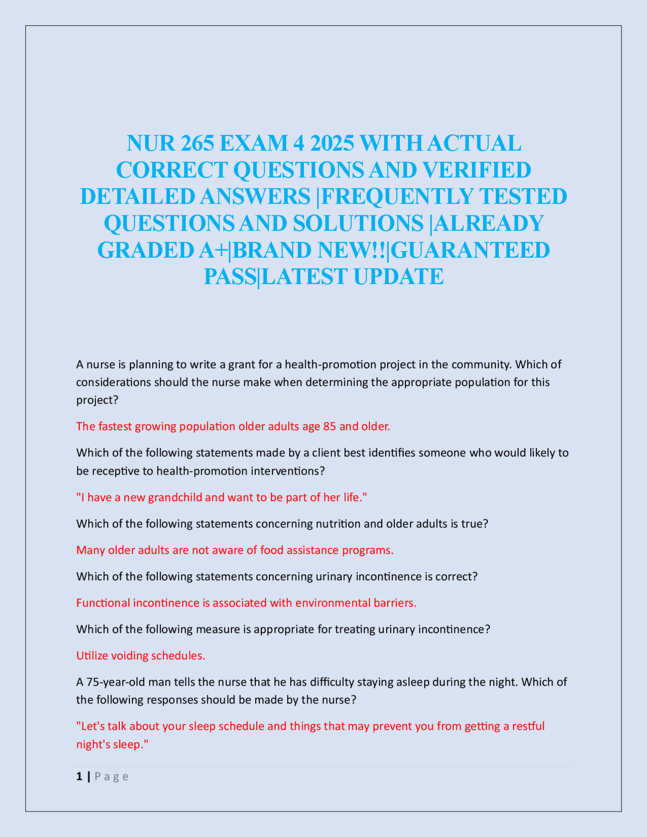 NUR 265 Exam 4 2025: Comprehensive Study Guide with Verified Answers ...