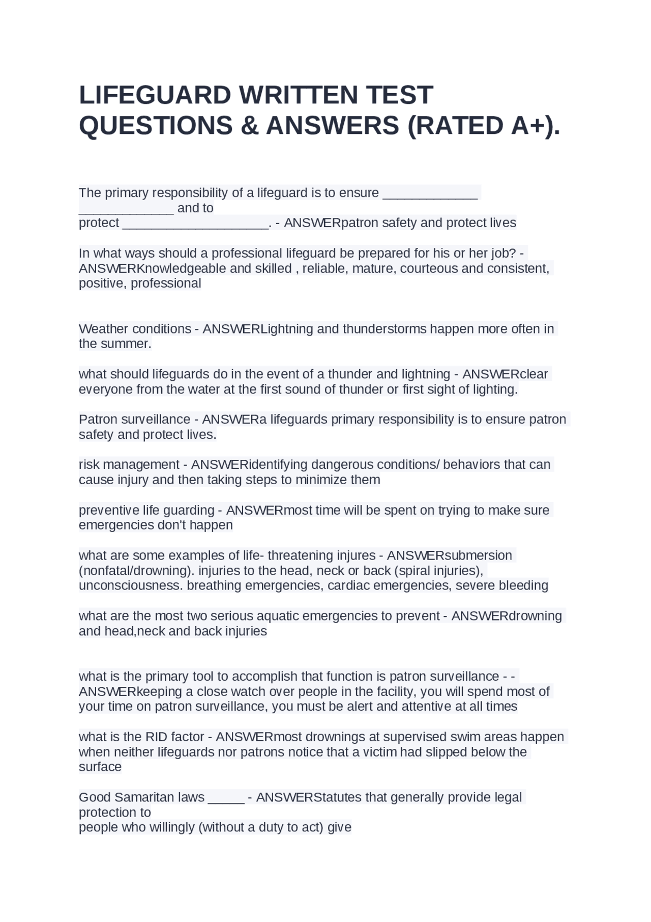 LIFEGUARD WRITTEN TEST QUESTIONS &amp; ANSWERS (RATED A+). | Exams Nursing | Docsity
