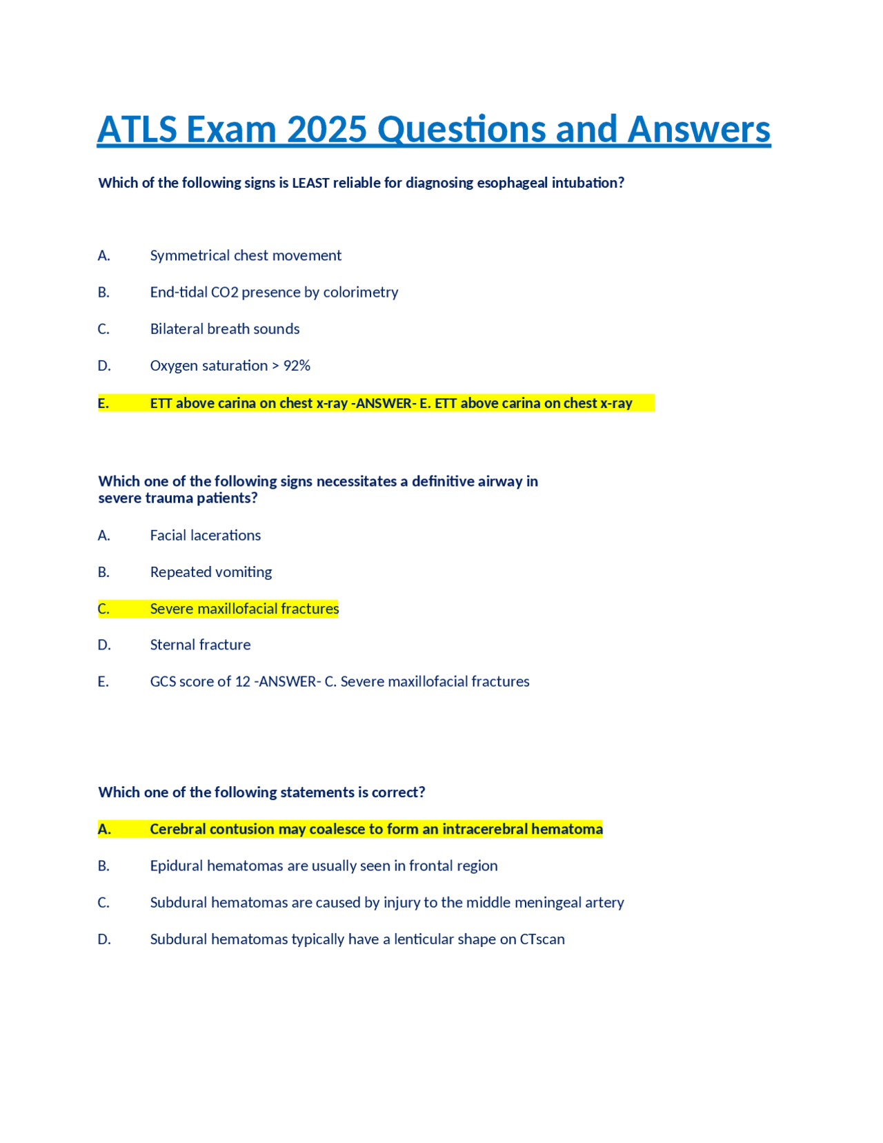 ATLS Exam 2025 Questions and Answers: A Comprehensive Review of Trauma ...
