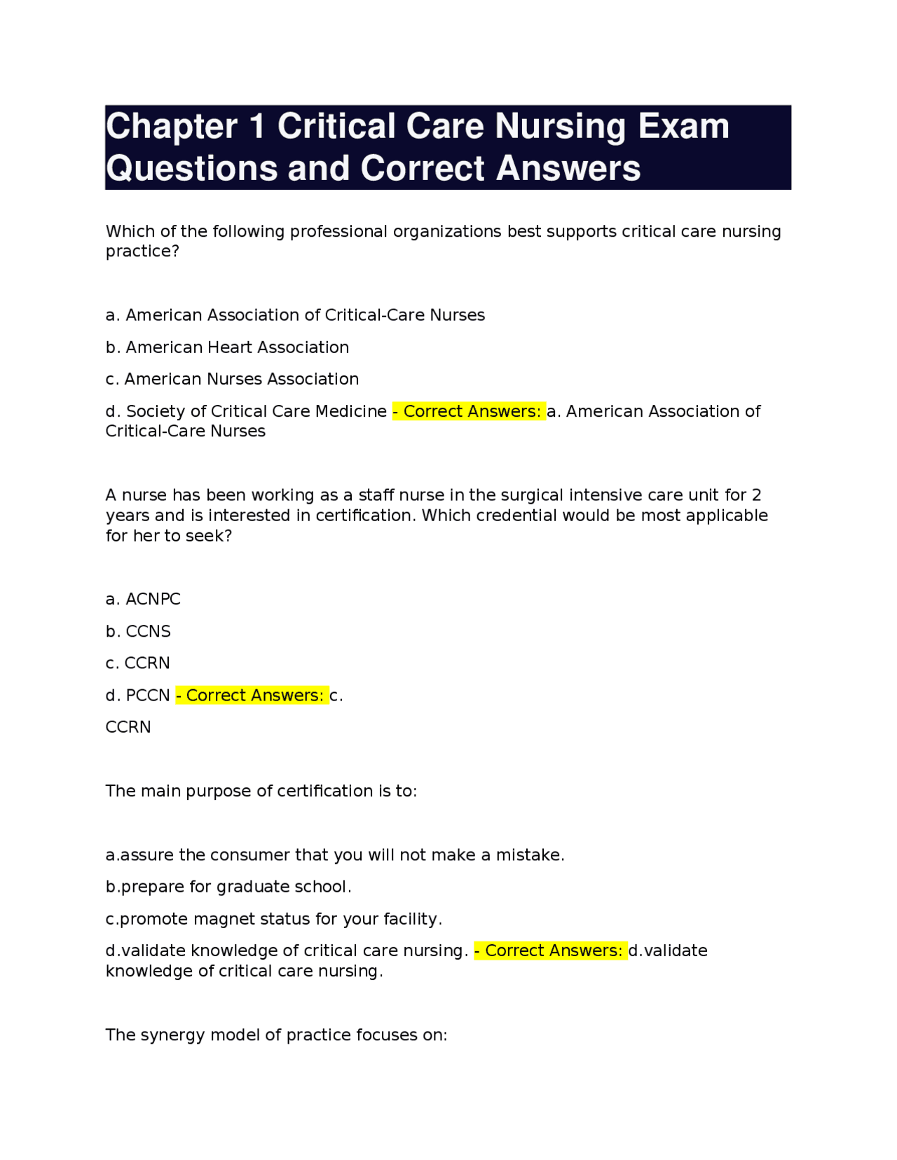 Chapter 1 Critical Care Nursing Exam Questions and Correct Answers ...