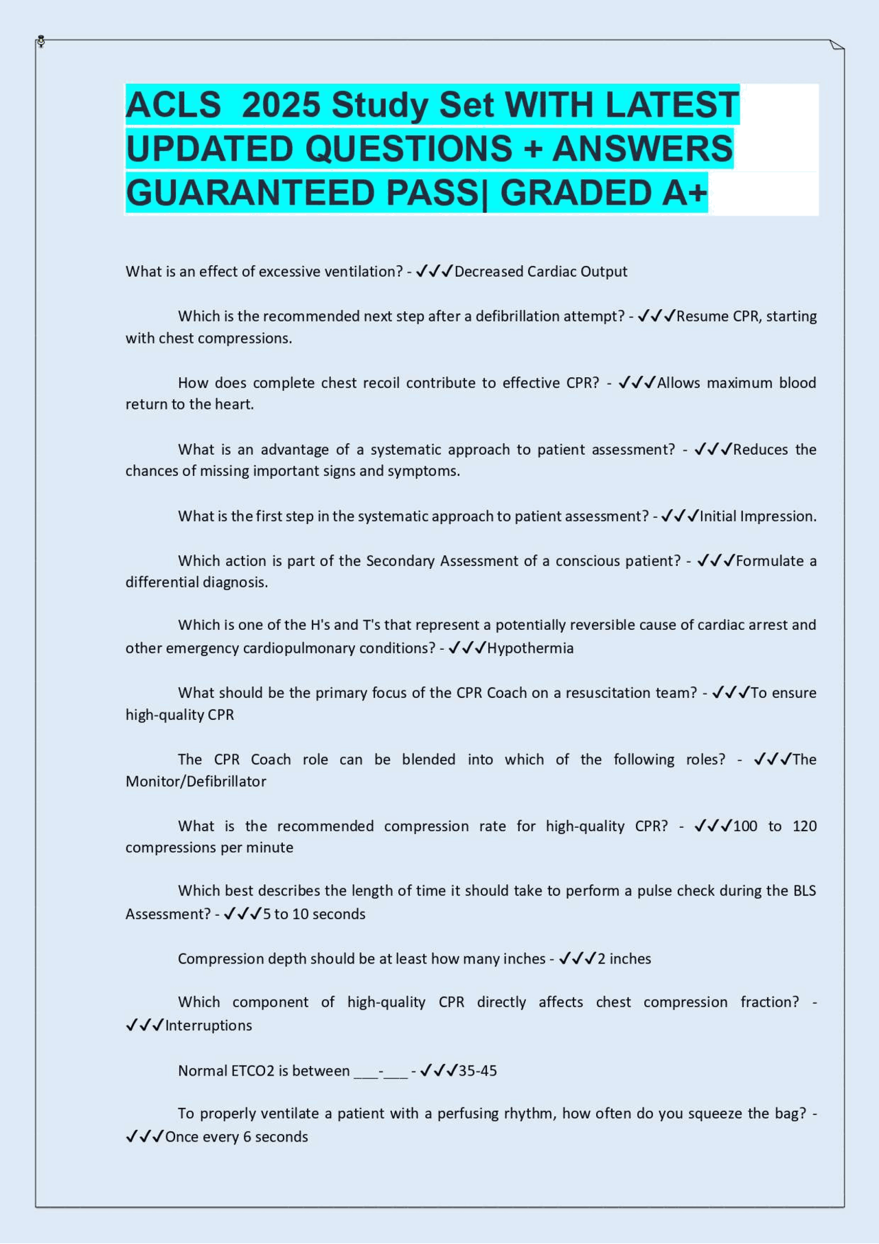 ACLS 2025 Study Set WITH LATEST UPDATED QUESTIONS + ANSWERS GUARANTEED ...