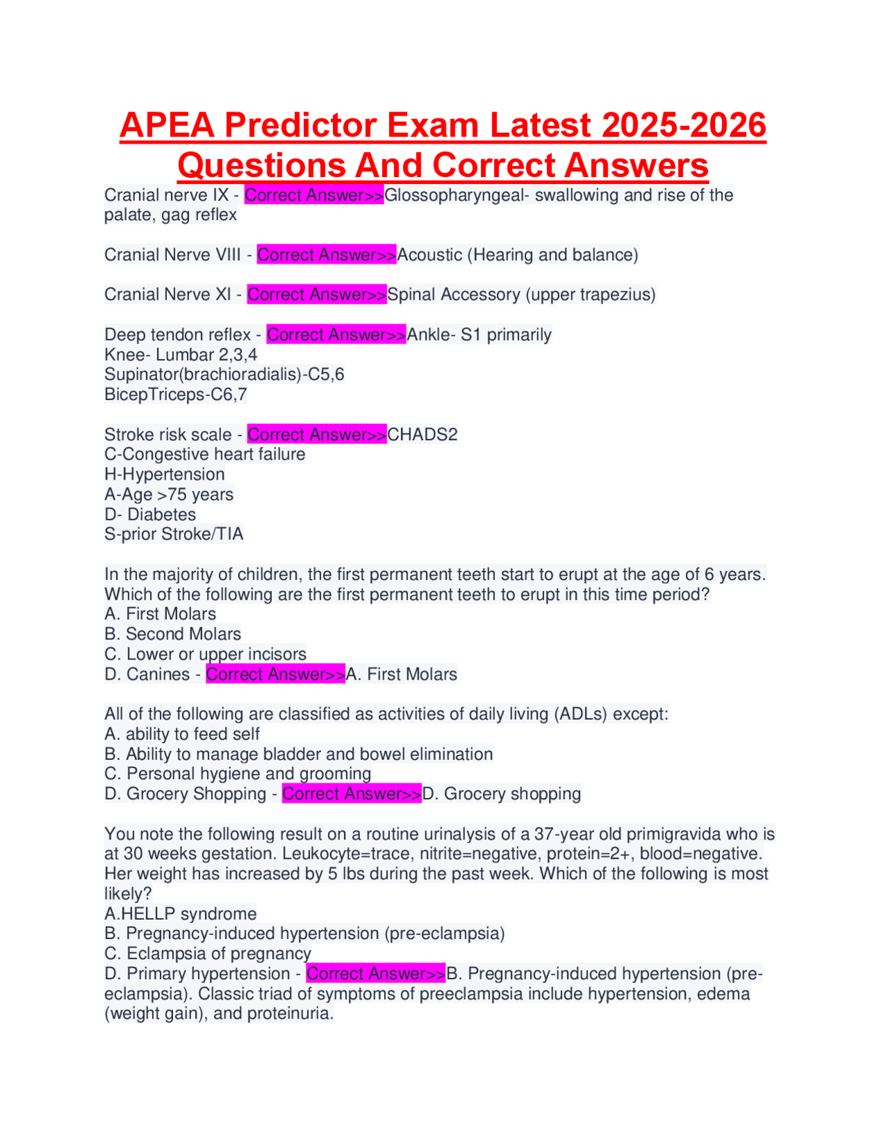 APEA Predictor Exam Latest 2025-2026 Questions And Correct Answers ...