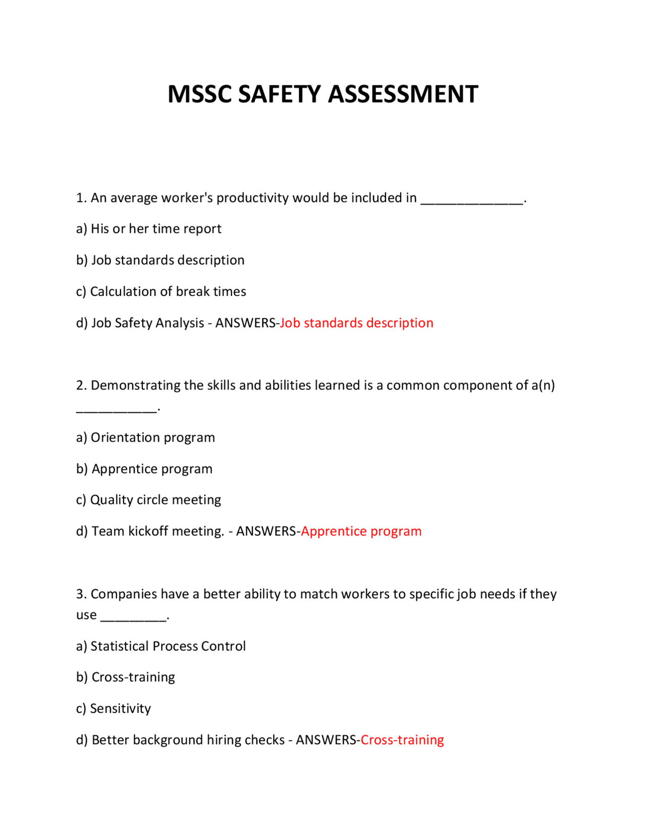 Msq Test Example MSSC Safety Assessment: Multiple Choice Questions on Workplace Safety ...