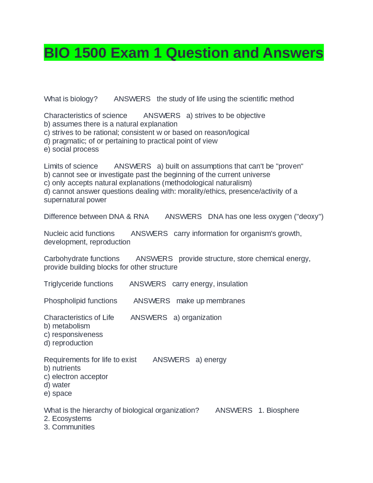 BIO 1500 Exam 1 Question and Answers with complete solutions | Updated ...
