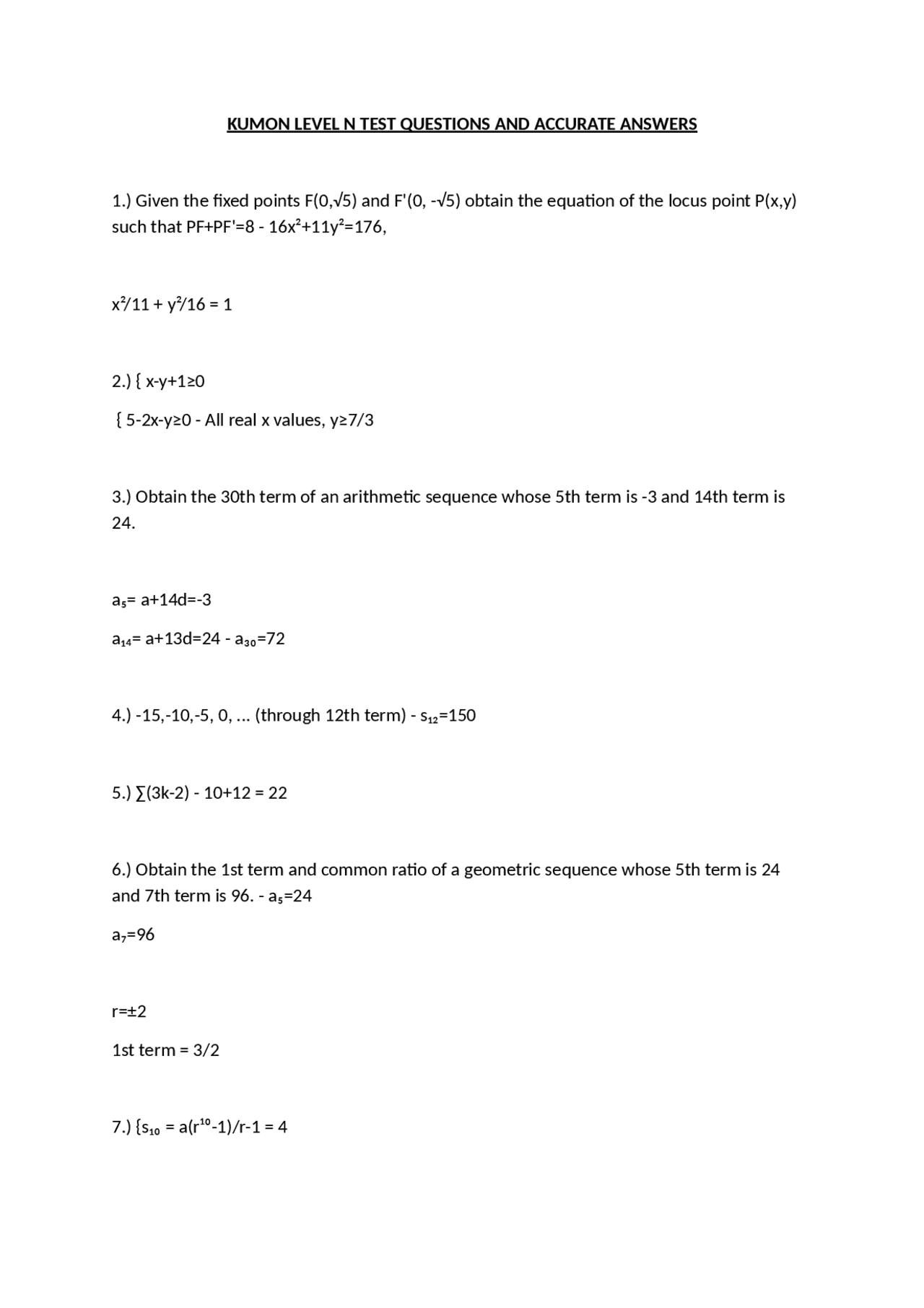KUMON LEVEL N TEST QUESTIONS AND ACCURATE ANSWERS | Exams Advanced ...