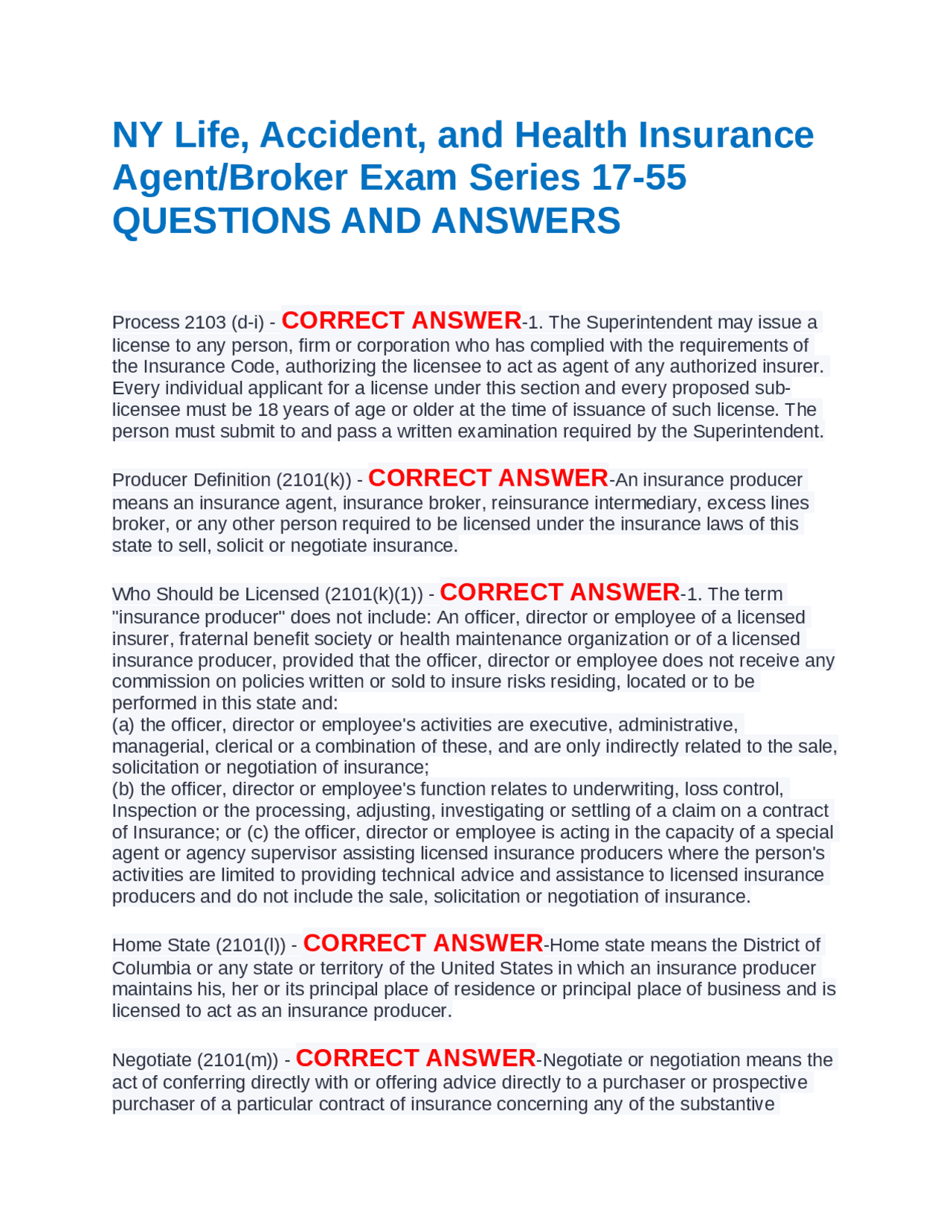 Ny Life Accident And Health Insurance Agent Broker Exam Series 17 55