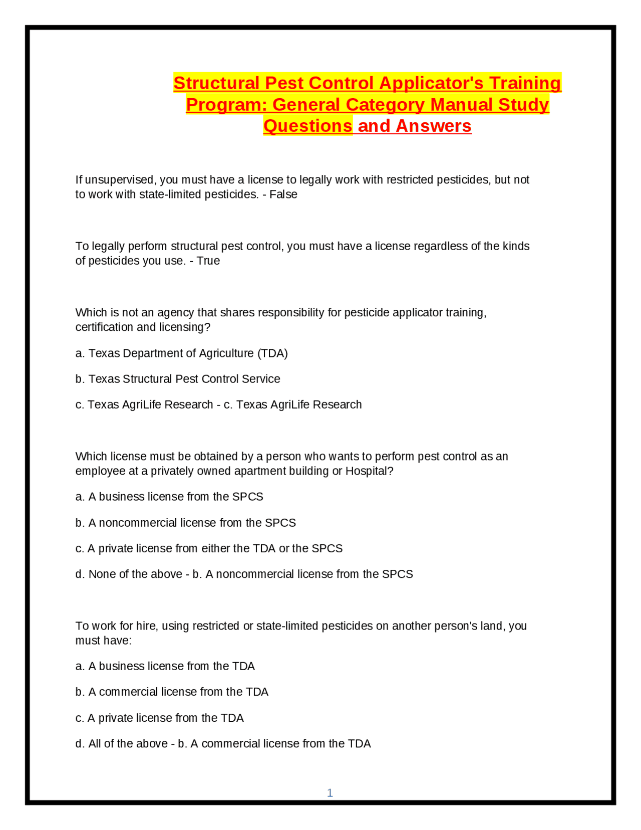 Structural Pest Control Applicator's Training Program—General Category ...