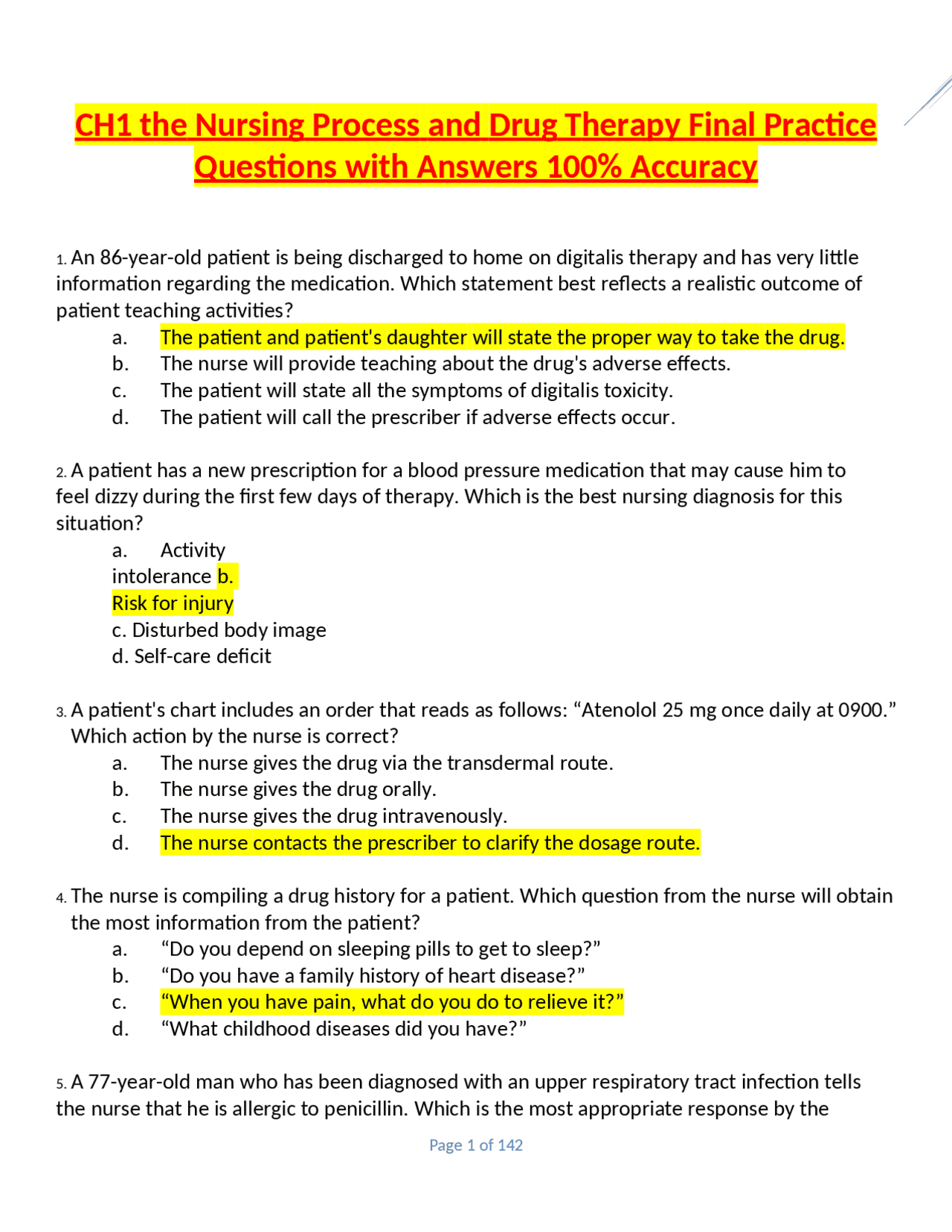 CH1 the Nursing Process and Drug Therapy Final Practice Questions with ...