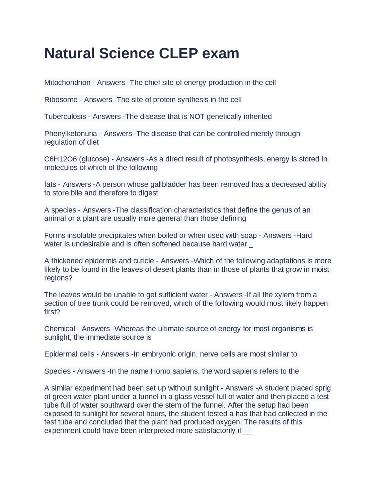 Natural Science CLEP Exam With Questions and Correct Answers Exams