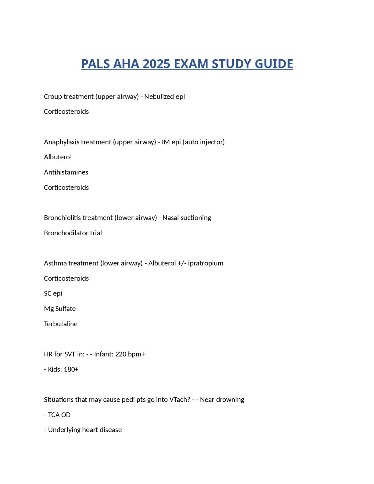 PALS AHA 2025 EXAM STUDY GUIDE | Exams Advanced Education | Docsity