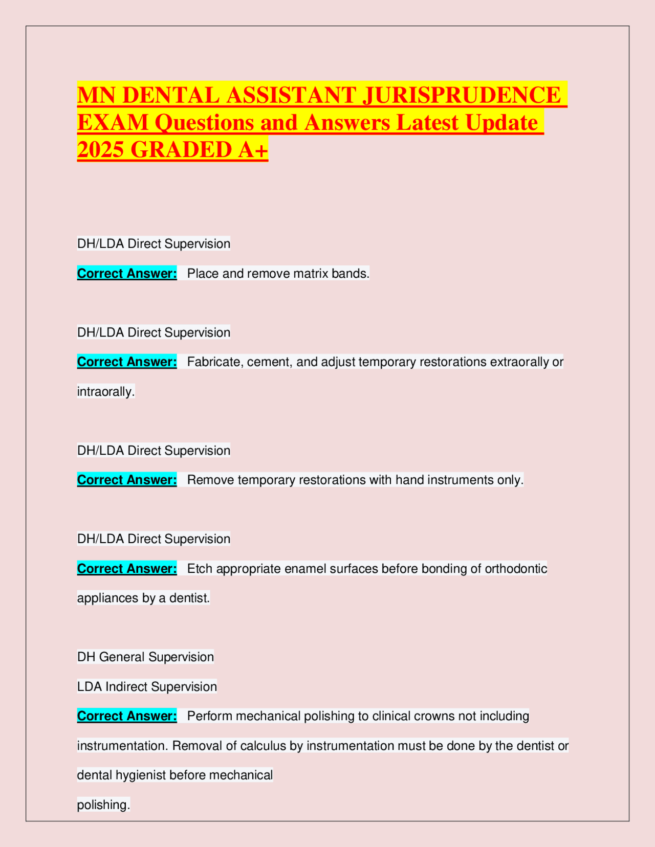 MN DENTAL ASSISTANT JURISPRUDENCE EXAM Questions and Answers Latest ...