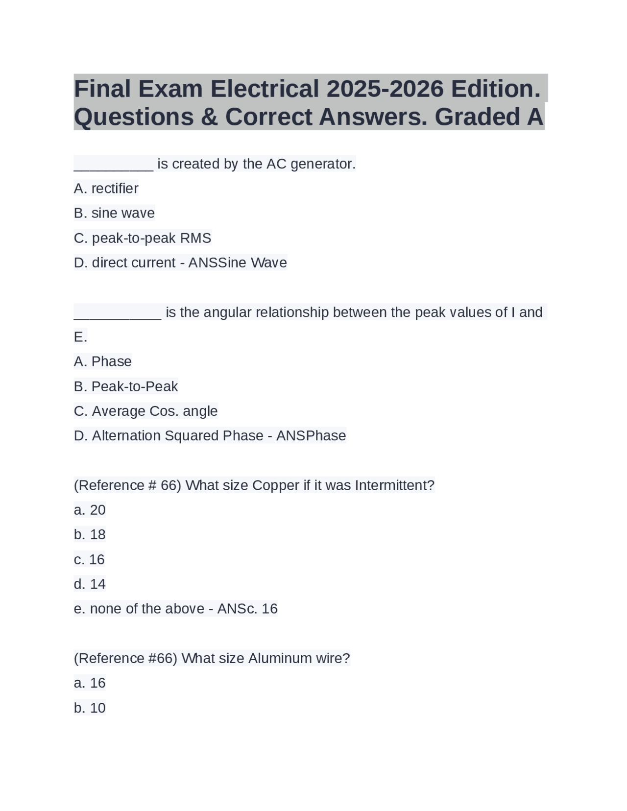 Final Exam Electrical 2025-2026 Edition. Questions & Correct Answers ...