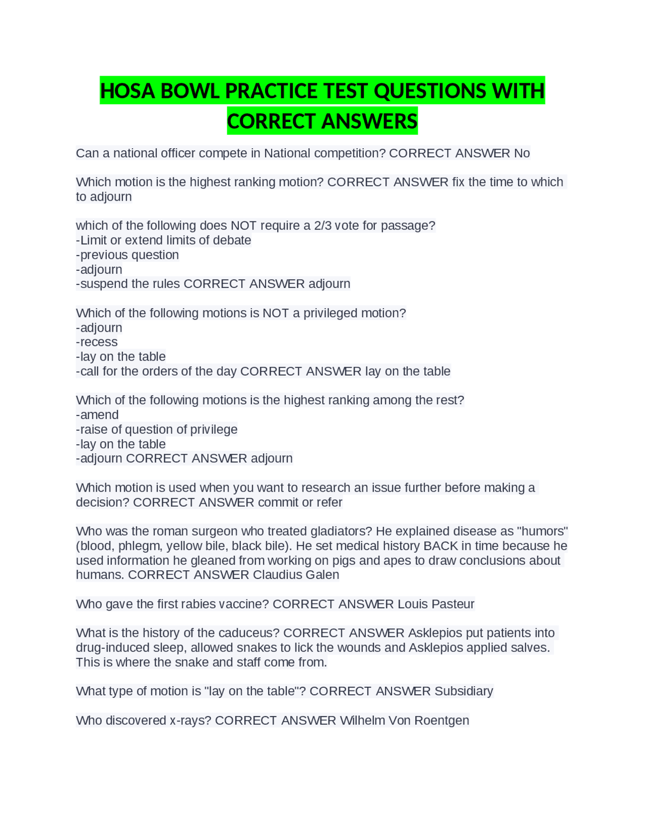 Hosa Bowl Practice Test Questions With Correct Answers Exams Nursing