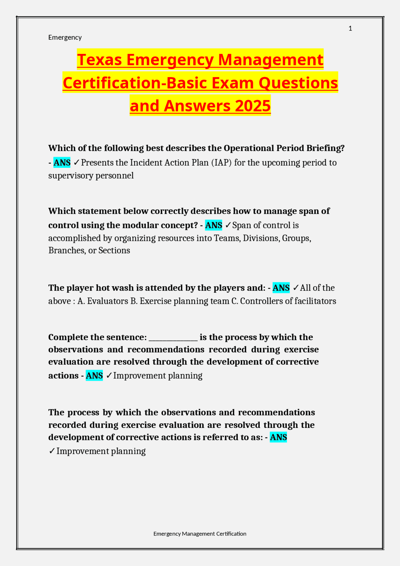 Texas Emergency Management Certification-Basic Exam Questions and ...